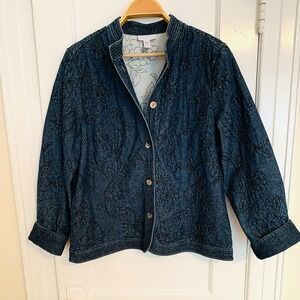 Charter Club‎ Denim Jacket Embroidered Floral Coastal Prairie Cottagecore / SZ L